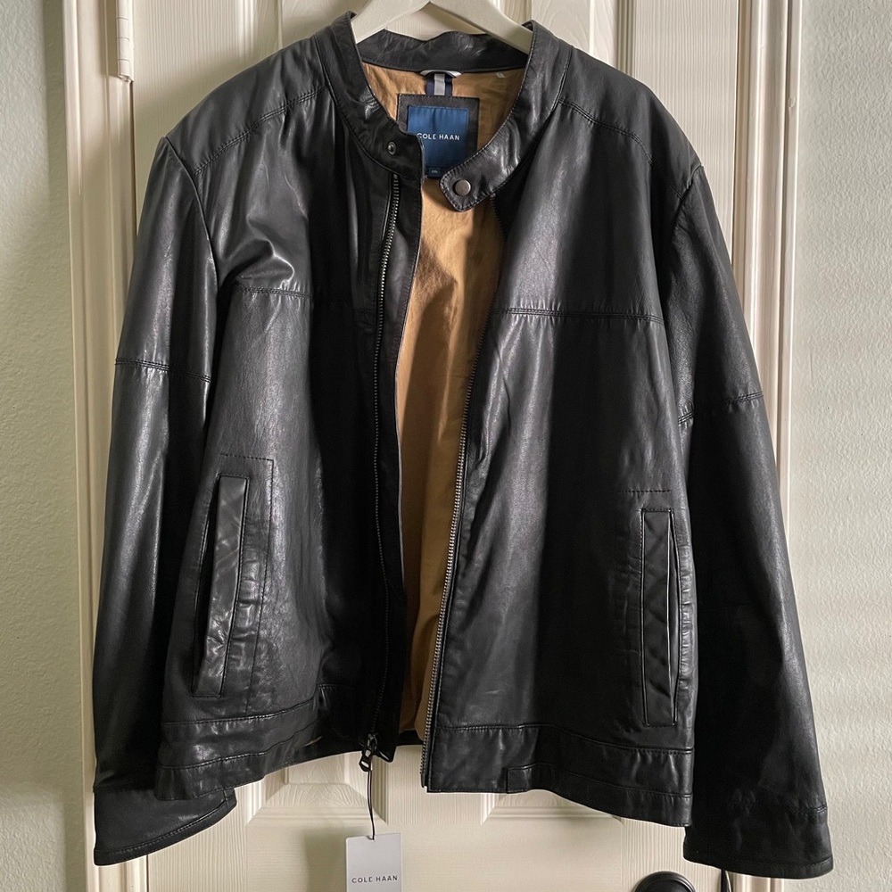 Cole Haan Men’s Black Goat Leather Moto Jacket